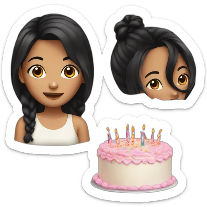 Girl 15 years with black hair and a birthday cake sticker