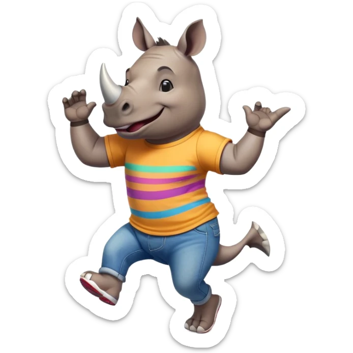 friendly anthropomorphised rhino in jeans and colourful t-shirt, wearing dark sunglasses, jogging upright, jumping with excitement, dynamic pose sticker