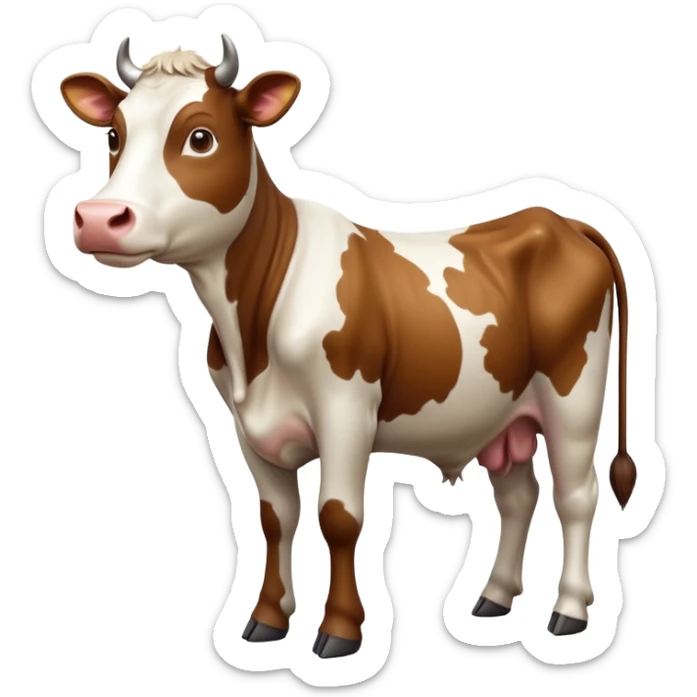 cinematic-[brown and white cow]-realistic-full-body-standing-emoji,-tail-flicking-lazily,-head-tilted-dramatically,-sleek-[brown and white]-coat,-simplified-yet-realistic-focused-features,-highly-detailed,-glowing-with-an-almost-sarcastic-glow sticker
