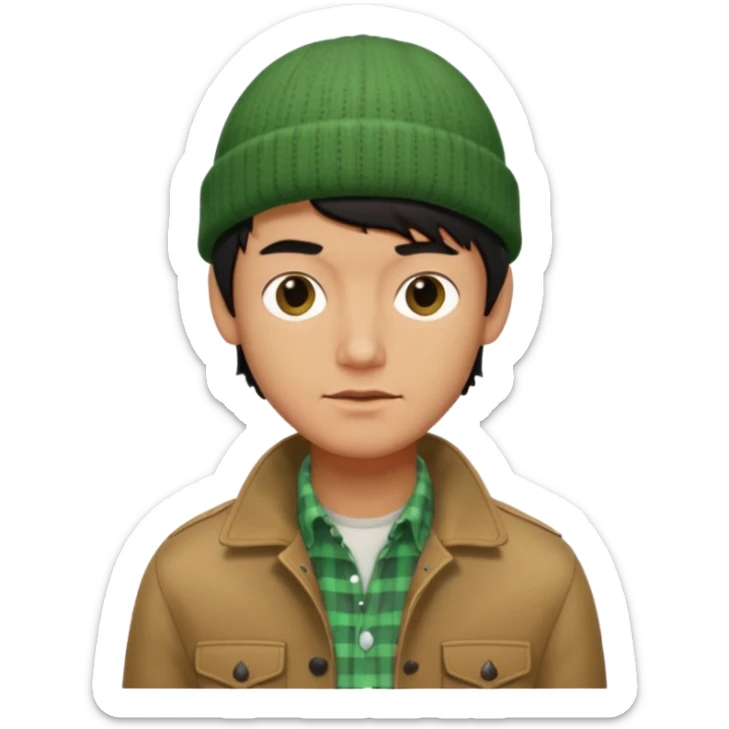 young man with longish black Beatle haircut, tan complexion, green beenie hat, tan jacket, checked shirt , pork chop sideburns sticker