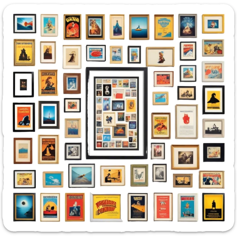 Icon for Photograph and Poster Collecting: a collection of photographs and movie posters, neatly displayed on a wall or in frames. The icon should evoke the nostalgia and artistic value of collecting rare images and posters. Transparent background. sticker