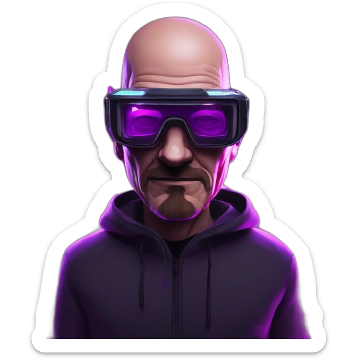 Walter White wearing a black hoodie with "OMG" letters on it and VR headset in a cyberpunk VR environment with violet neon lighting. sticker