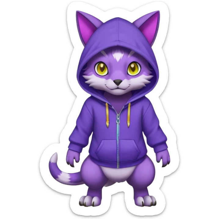 Colorful neon glowing dark gloomy :3 abyssal garurumon-purloin-feline-Fakemon-Digimon-creature wearing a violet hoodie fursona (full body)  sticker