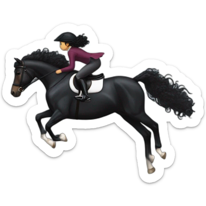 a  JET BLACK HORSE JUMPING AN OBTACLE, tHE HORSES RIDER IS A YOUNG FEMALE WITH LONG CURLY BRUNNET HAIR sticker