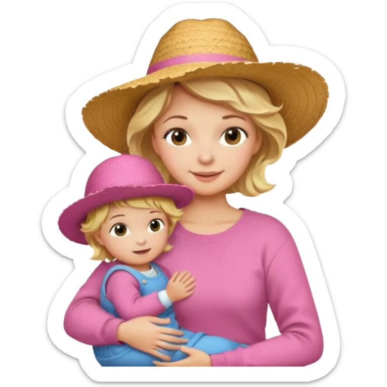 A cheerful wavy short blond hair mom in a straw hat carrying her child, wearing a pink sweater sticker