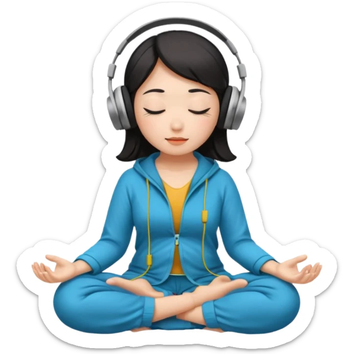 An East Asian woman🧘🏻‍♀️ is sitting cross-legged in a meditation pose, wearing Apple headphones🎧 and listening to music. The song is so beautiful that she has her eyes closed and tears streaming down her face. sticker