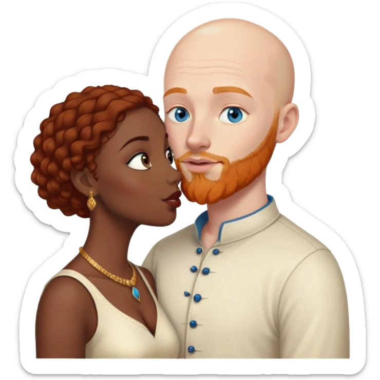 Bald white male with ginger beard and blue eyes kissing indian brown woman with black curly hair sticker