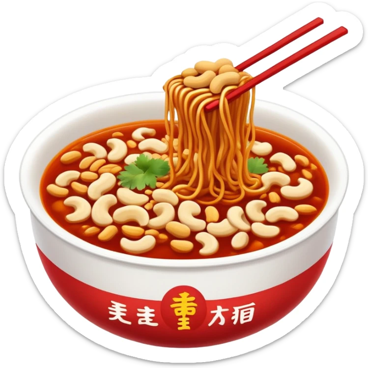 Chongqing Xiaomian with red spicy broth and peanuts, simplified emoji style with bold outlines and bright colors, cartoon style hot Sichuan street noodles sticker