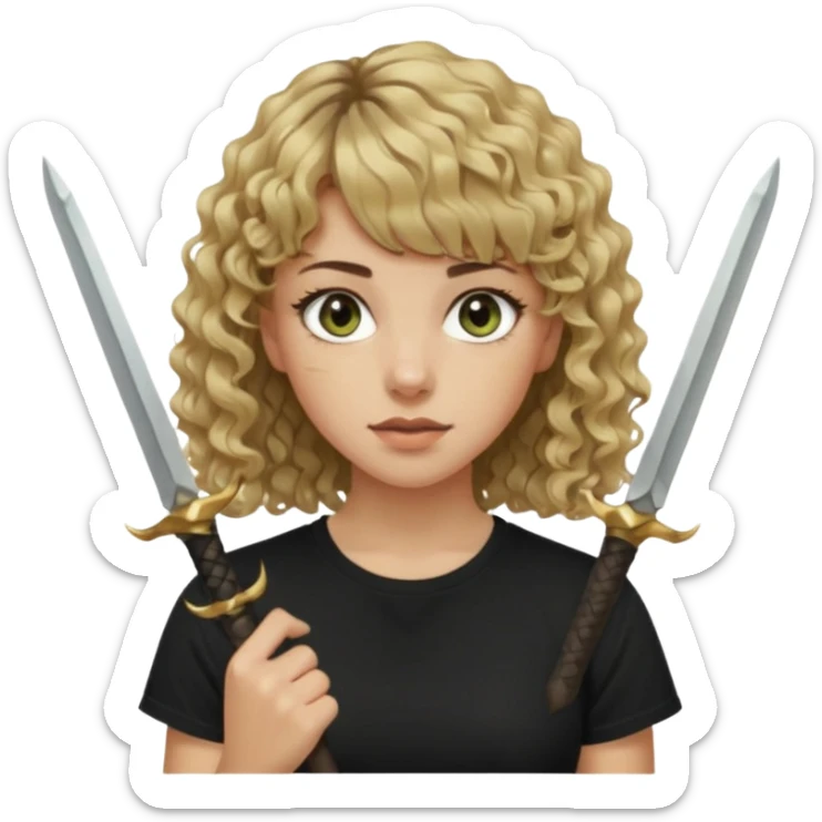 young woman wearing a black t shirt with curly dirty blonde hair, straight bangs, and hazel green & brown eyes. She is holding two black daggers sticker