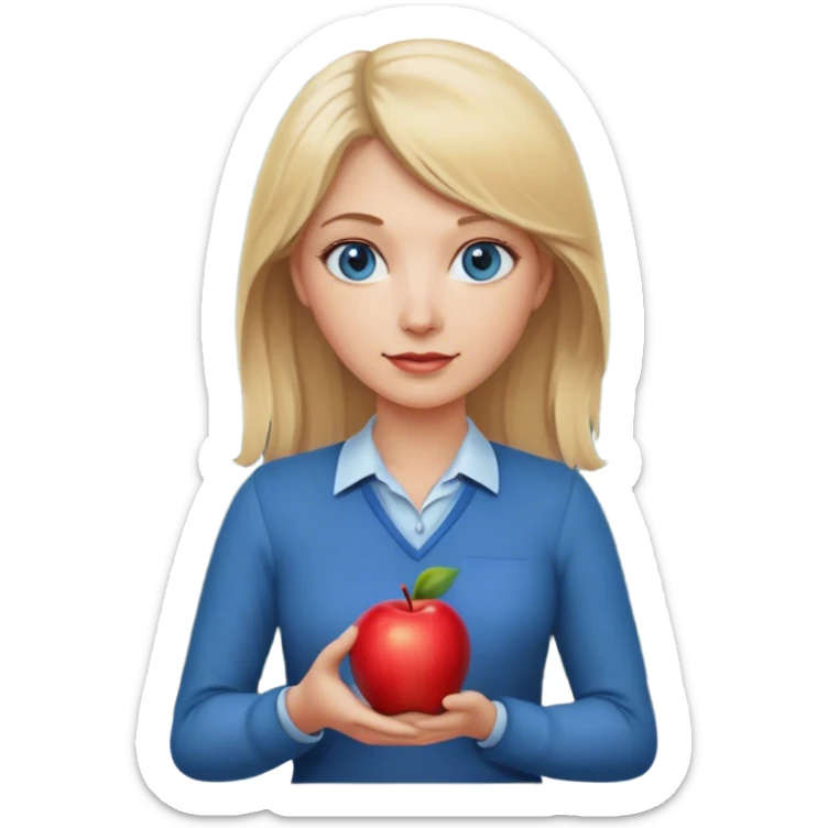 blonde hair blue eyes teacher female with one apple and chalkboard sticker