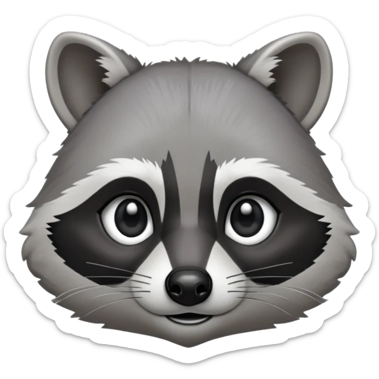 Cinematic-Noble-Raccoon-Portrait-Emoji – Poised and confident, with a sturdy build and a beautifully textured fur of silver-grey accented by dark black facial markings, deep-set, big black eyes, simplified yet sharp and sophisticated zoom out to show shoulders sticker