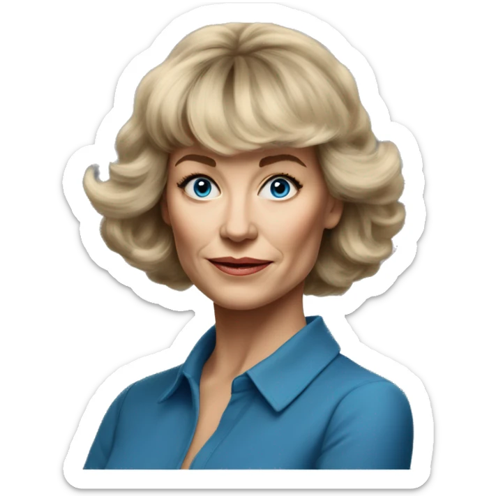 Medium length Dirty blonde poufy hair with bangs all across forehead and sides swept away from face woman of 60 with blue eyes  sticker