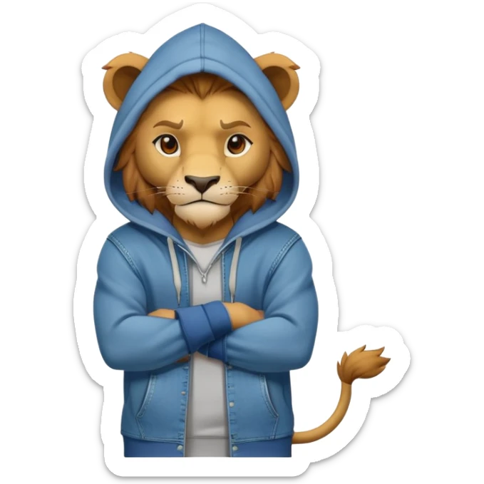 determined anthropomorphised lion in a hoodie and jeans with arms folded, energetic pose sticker