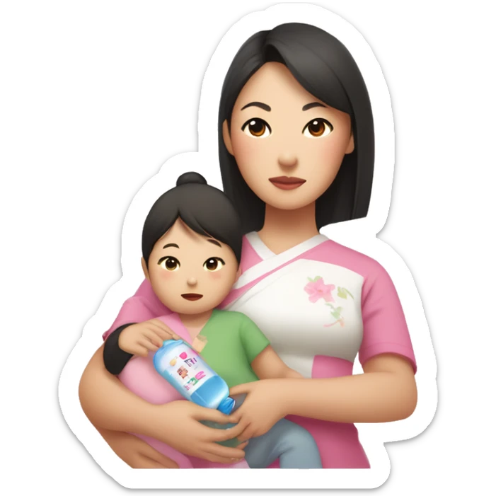 An Asian woman with white skin holds an Asian baby and a small child in her arms, in the other hand a bottle / pacifier with a mixture on the bottle the inscription "ANA" in pink color sticker