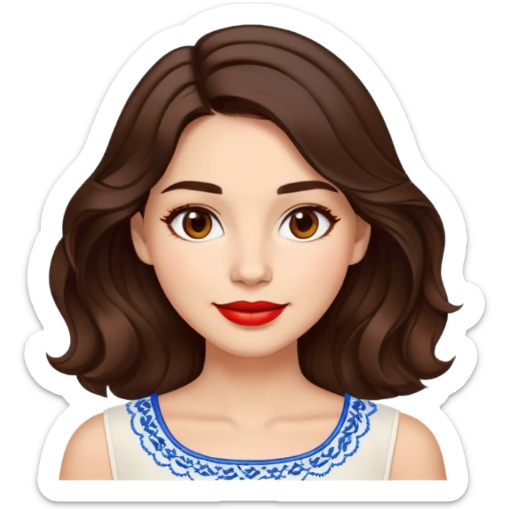 Enthusiastic woman with healthy glowing skin, round cheeks, warm smile, expressive light brown eyes, red lipstick, wavy dark brown shoulder-length hair, summery white top with blue embroidery and electric blue neckline sticker