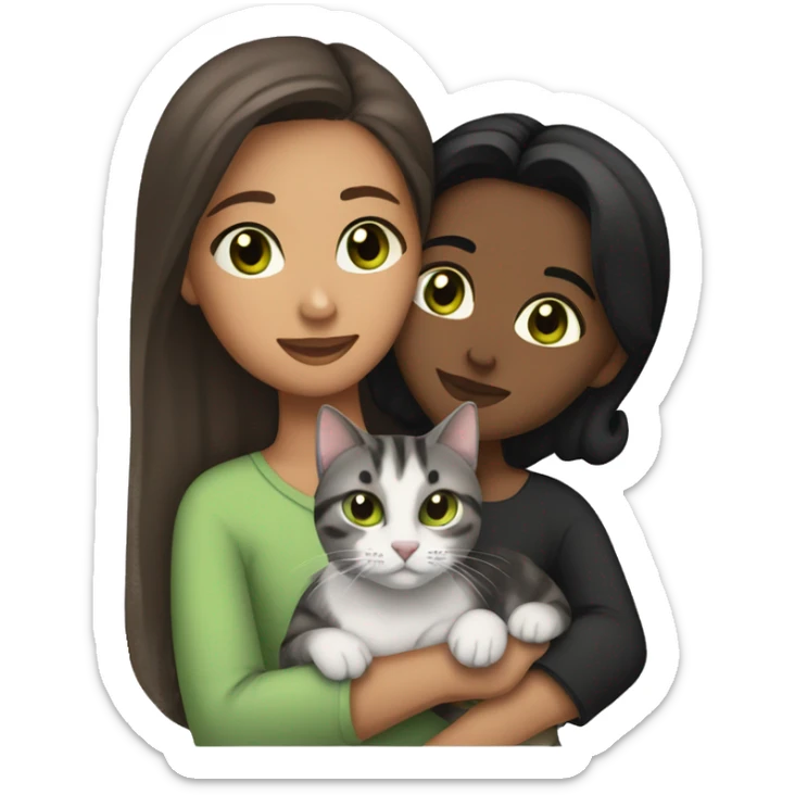 (brownskin girl with brown eyes and black hair) cuddling (one gray tabby cat with green eyes) sticker