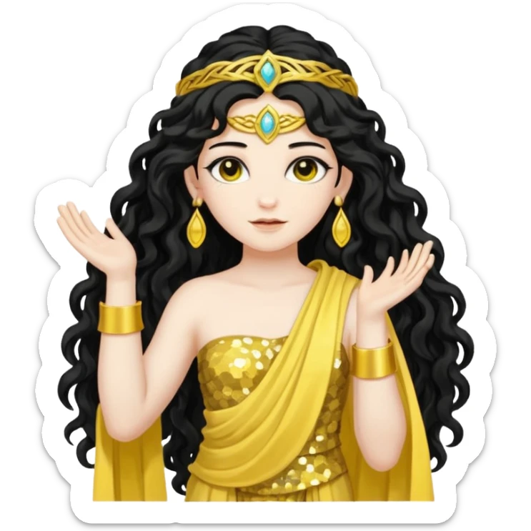 Libera, Goddess of Labyrinth from Roman Deities with long jet black wavy hair, yellow sequin toga  sticker