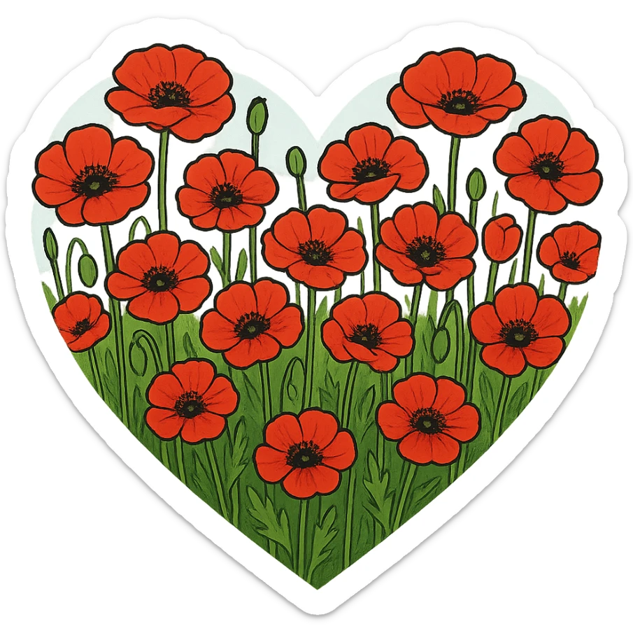 heart with a field of wild poppies, clean digital illustration, no background sticker