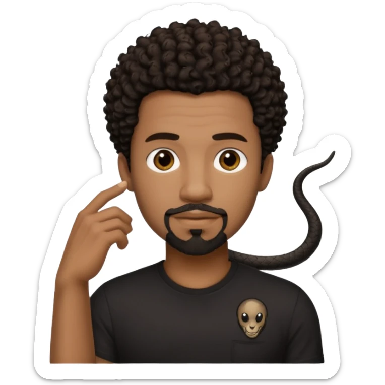 Homme noir de peau,  yeux marron avec un bouc pas de  moustache, cheveux noir court et bouclé crépus avec un dégradé sur le côté, avec un cobra à côté , t-shirt noir  sticker