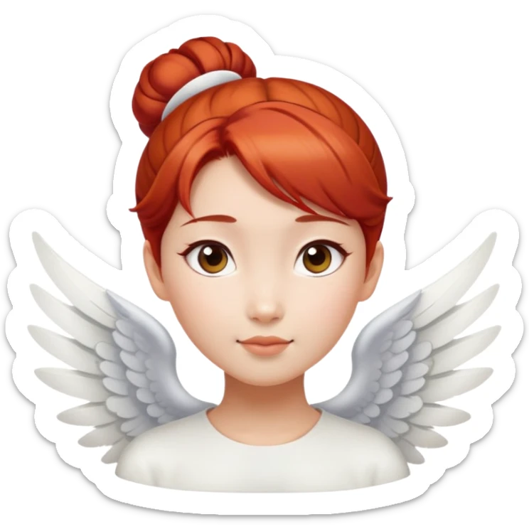 Asian angel with red hair in bun, oval face, and white wings sticker