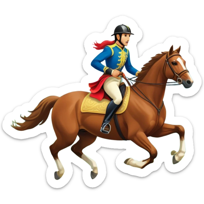 An icon showcasing a majestic horse and rider in full gallop across a lush green field. The background features a clear sky, distant mountains, and a vibrant landscape. The rider wears traditional gear, while the horse leaps with grace and power.  sticker