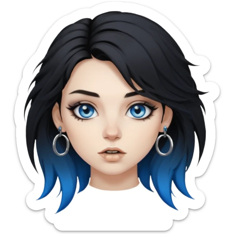 
 rockstar girl with black disheveled hair, blue eyes, Smokey eyes grunge makeup, ring on the side of the nose sticker