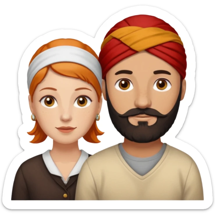 Couple. Bald man with dark brown-black beard. White woman with many small, faded freckles, she has white skin and she has auburn-yellow-brown-cinnamon, dark hair. She has light orange-brown eyes. The man have hazel eyes. Retro style. sticker