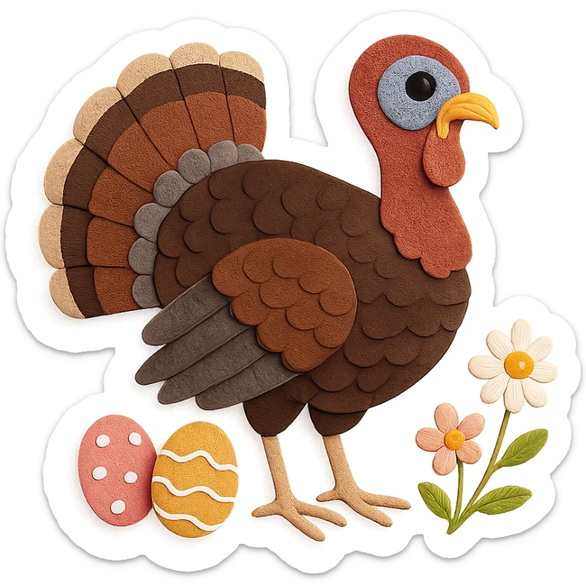 close-up of a wild turkey in paper craft style, fine paper edges, realistic feather patterns, Easter eggs at its feet, spring flowers sticker