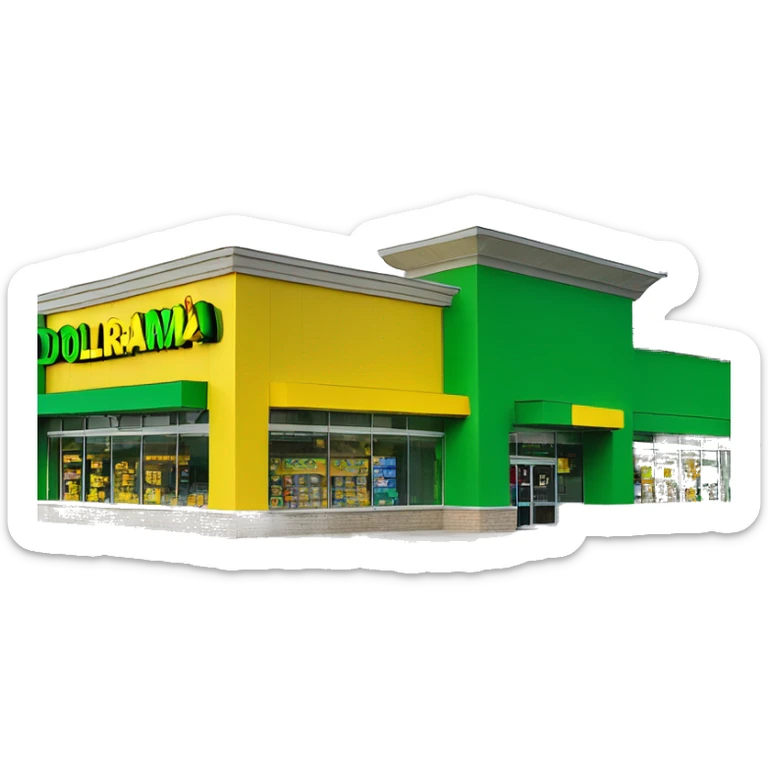 “Exterior of a Dollarama store with the bright green facade, bold yellow Dollarama sign, large front windows, and entrance doors, capturing the look of a budget-friendly retail store.” sticker