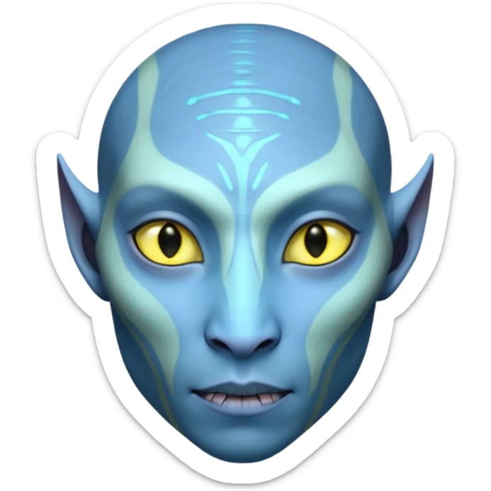 Na'vi character from Avatar movie, blue skin, bioluminescent markings, tall and slender, yellow eyes sticker