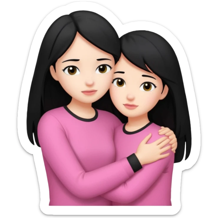 Two girls with black hair, one wearing white shirt and the other wears pink shirt, hugging each other romantically  sticker