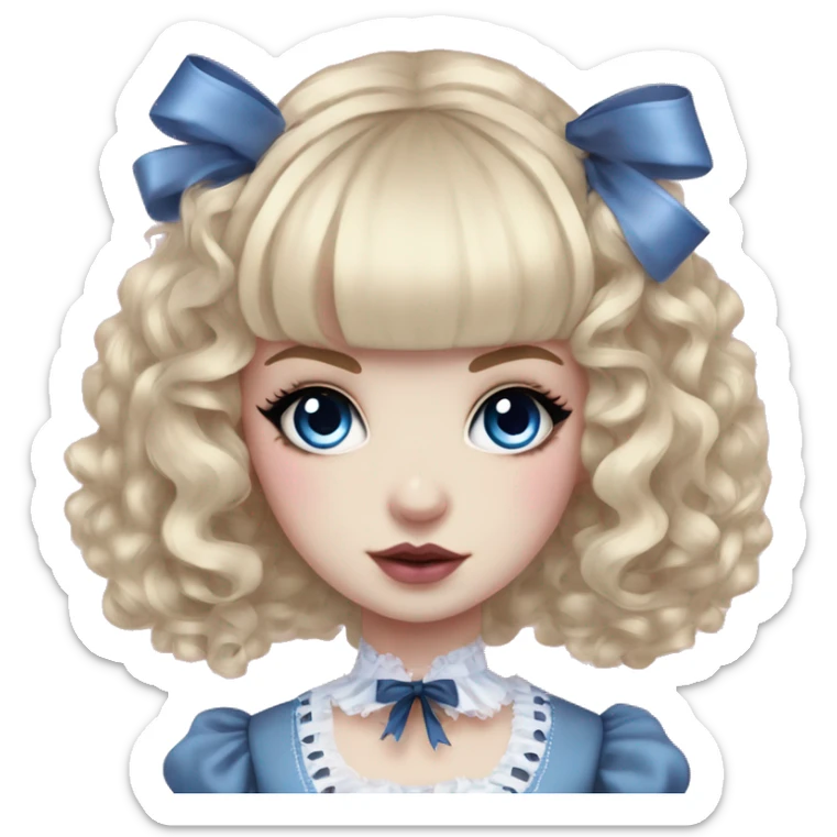 pale woman with blonde curly hair and bangs, pink lips and eyeshadow, long eyelashes, blue eyes, blue Lolita dress with laces and ribbons, gothic Lolita doll look sticker