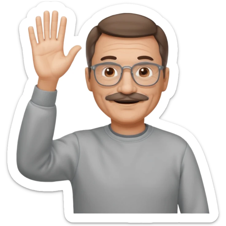 60 yr man partial brown hair parted in center, mustache, light glasses, sweatshirt waving hello sticker