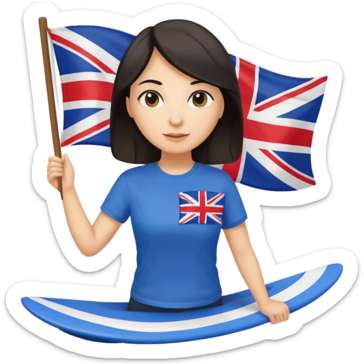 Woman teacher with dark hair in T-shirt with the UK flag surfing  sticker