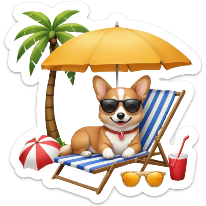 a corgi dog laied on a beach chair, a sunny beach, a sun umbrella, and beach coconut trees. the icon should capture the essence of a relaxing beach vacation with a carefree atmosphere sticker