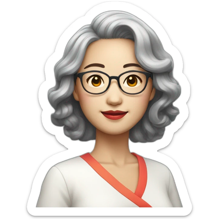 Chinese lady with like Lai gray hair wavy hair to the shoulder length where Chinese dress colourful dress wear glasses sticker
