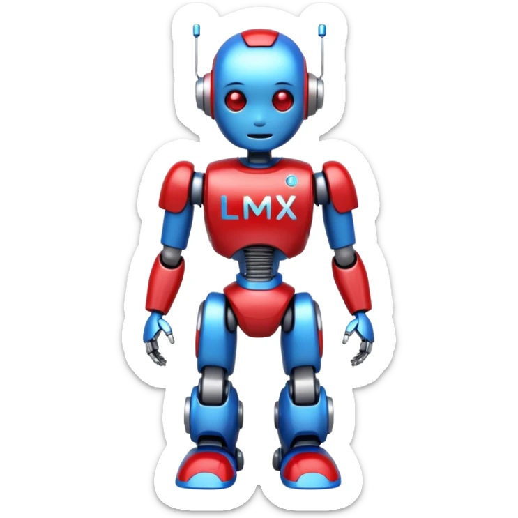 generate cute full body robot glossy, realstic, red and blue color, add text on chest "LMX" sticker