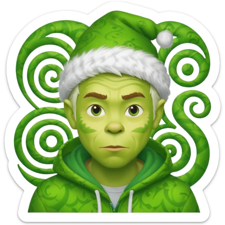 Create an avatar of white European male in hoodie with ``BST`` letters on it. Make background to look like from movie Grinch sticker