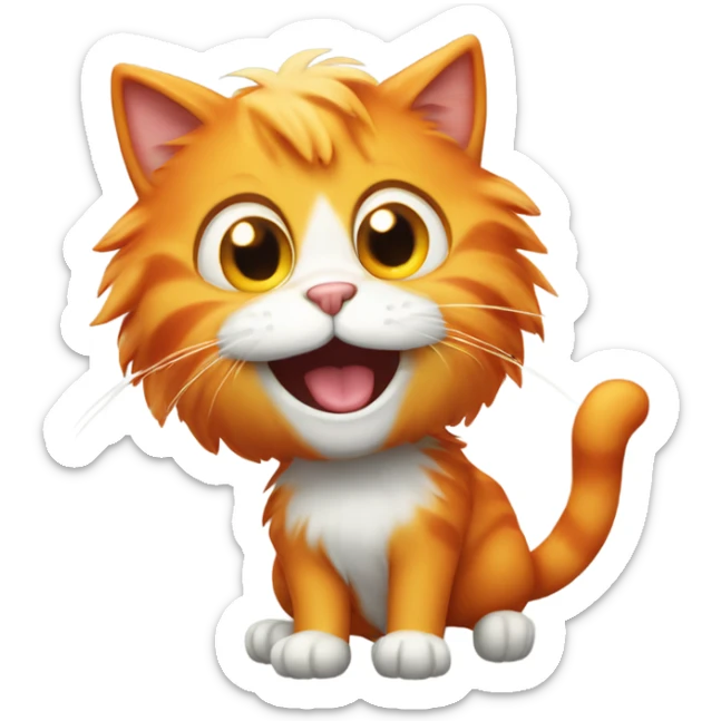 A playful cartoon cat with big eyes and orange fur, laughing with its mouth open. sticker