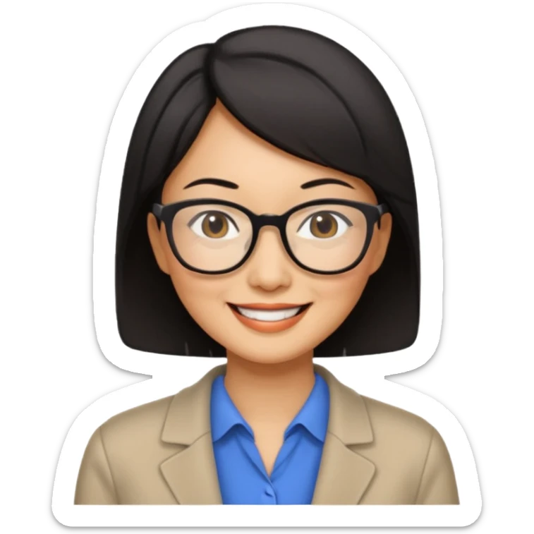 a middle-aged Asian woman with short hair wearing glasses and an impression sticker