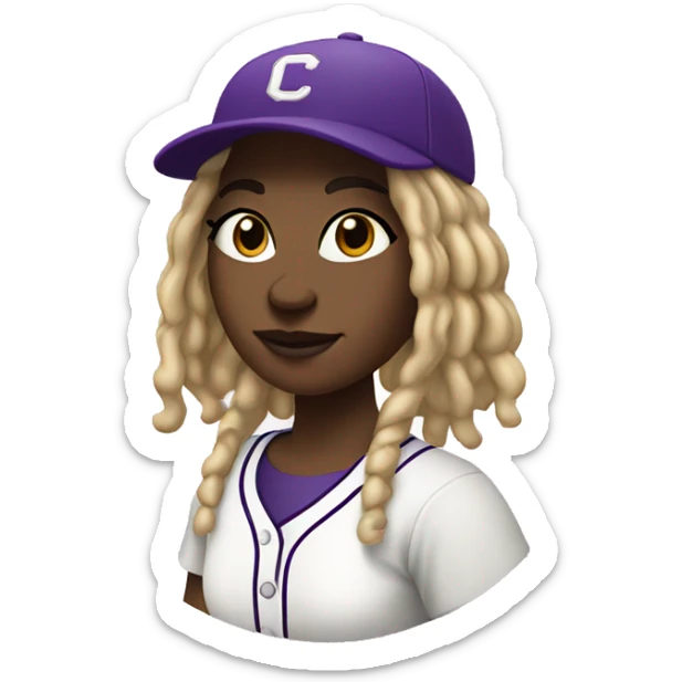 baseball card character. black girl. blonde locs. letter C logo. Purple and white uniform.  sticker