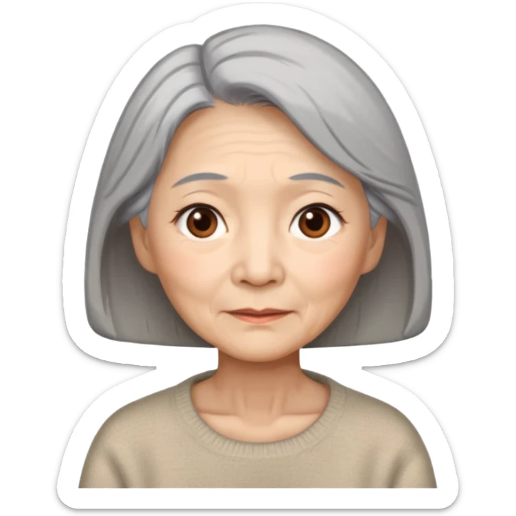 Elderly Chinese woman with gray hair, brown eyes with wise expression lines, beige sweater sticker