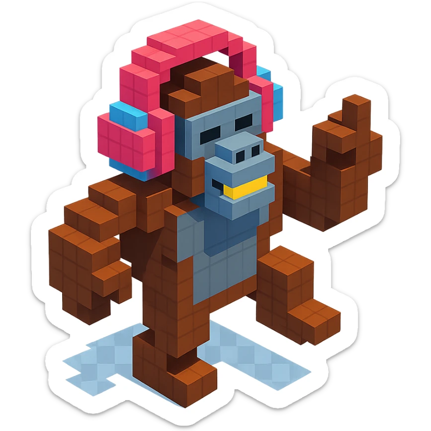 gorilla with headphones dancing, isometric view, voxel style sticker