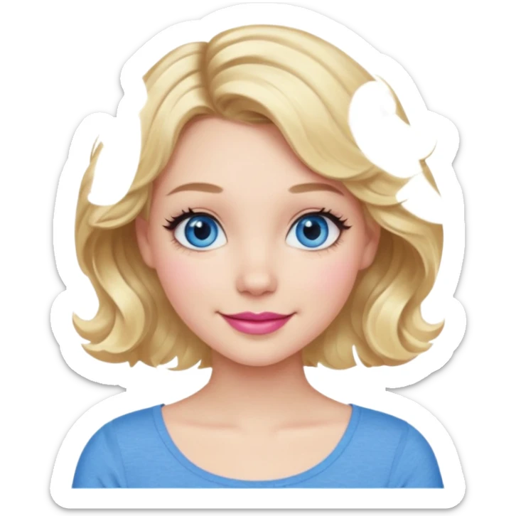 Girl Blonde short wavy hair,  blue eyes, cute blue top, long lashes, pink lips, smiling, 👍🏻 sticker