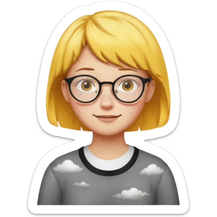 round-faced high school girl with glasses and short hair, yellow skin, smiling but with subtle signs of inner anger, surrounded by clouds sticker