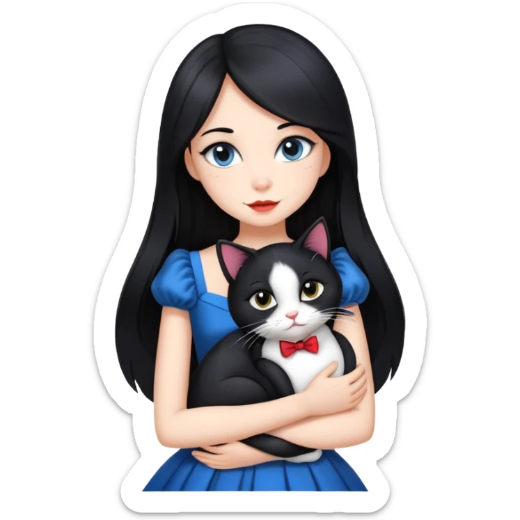 A beautiful girl with long black hair wearing a dress hugs a tuxedo cat sticker