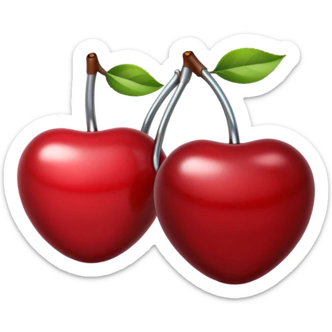 A pair of cherries emoji made of polished silver chrome, smooth rounded shapes, glossy metallic finish, soft highlights and reflections, cute proportions, iOS emoji style, centered, clean white background, no text sticker