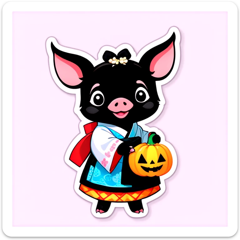 A black piglet wearing hanbok and holding a pumpkin with “luck” written on it. sticker