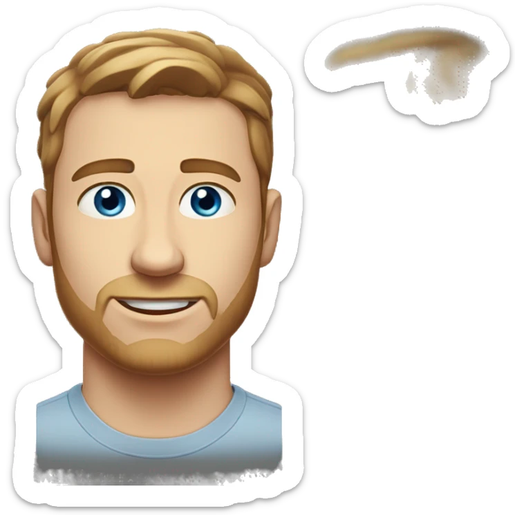 A head and shoulders shot of a 32 year old white man, with short brown hair,   with blue eyes wearing a t-shirt. sticker