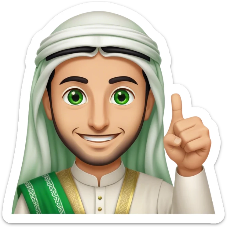 Arab Saudi man with green eyes, wearing an agal and traditional attire, smiling happily and giving a big thumbs-up sticker